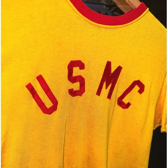 1950s–60s USMC Durene Cotton Ringer Tee & Cap Set Marine Corps Yellow Red Large - Picture 2 of 6